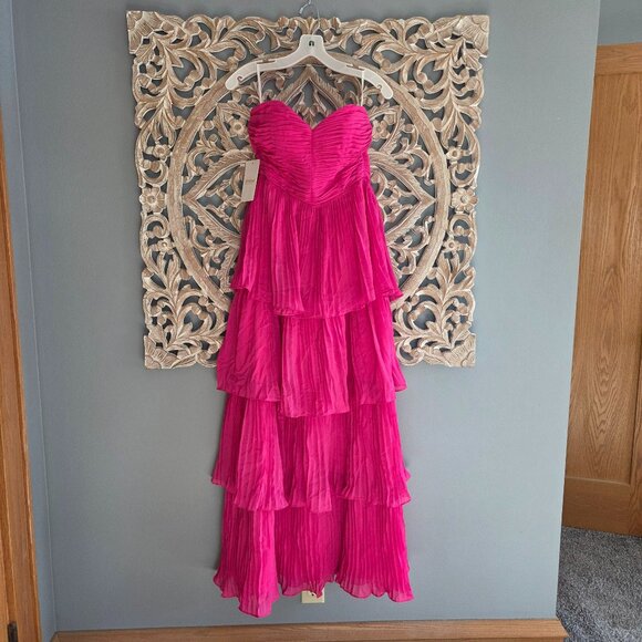 Weinaze Dresses & Skirts - Pink Chiffon strapless Pleated A-line Tiered Maxi Prom Dress Size 2